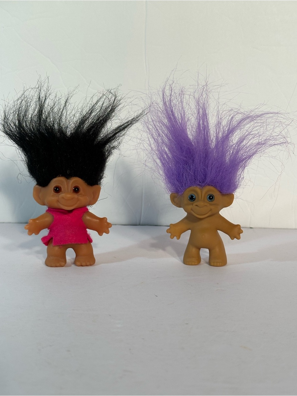 Vtg. Lot Of 2 Troll Figures Black Hair Amber Eyes Purple Hair Blue Eyes 3”